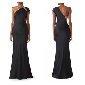 Kaufman Franco / black onyx column one shoulder illusion gown crepe dress 2